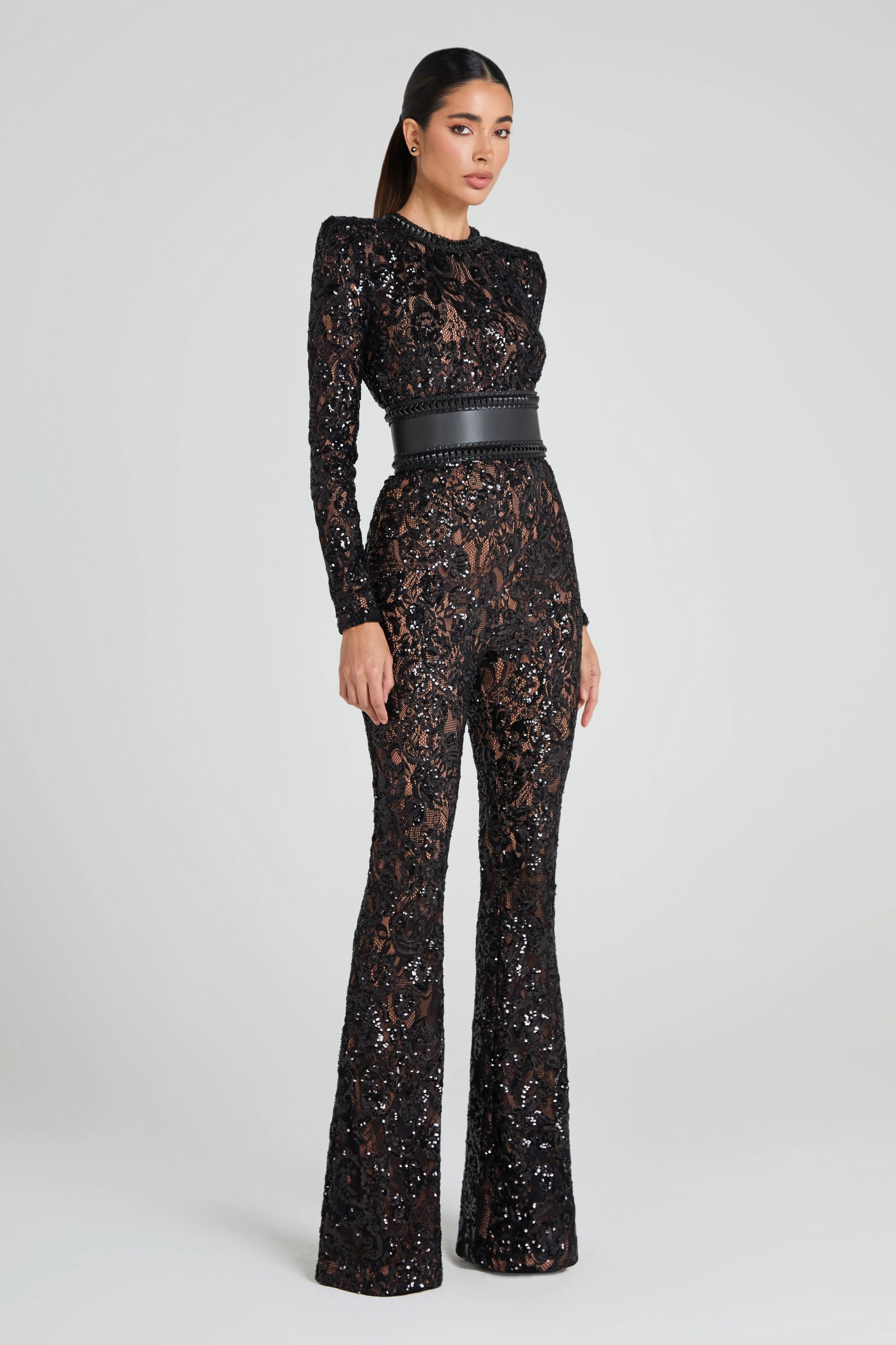 Women’s Sequin Lace Jumpsuit - Long Sleeve Evening Outfit