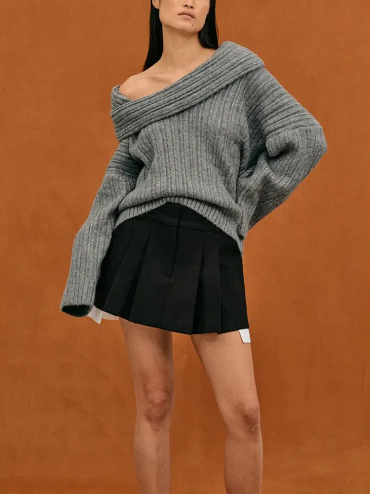 Women’s Off-Shoulder Ribbed Sweater - Chic Oversized Knit