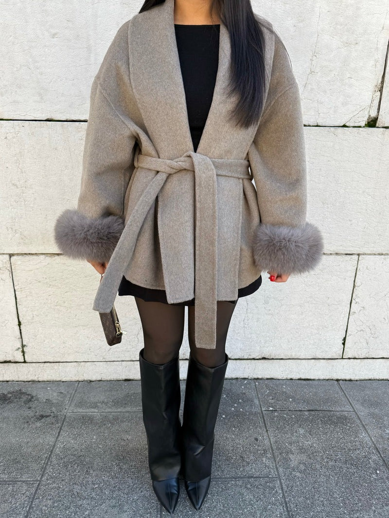 Women’s Belted Wool Coat with Faux Fur Cuffs - Elegant Short Wrap Jacket