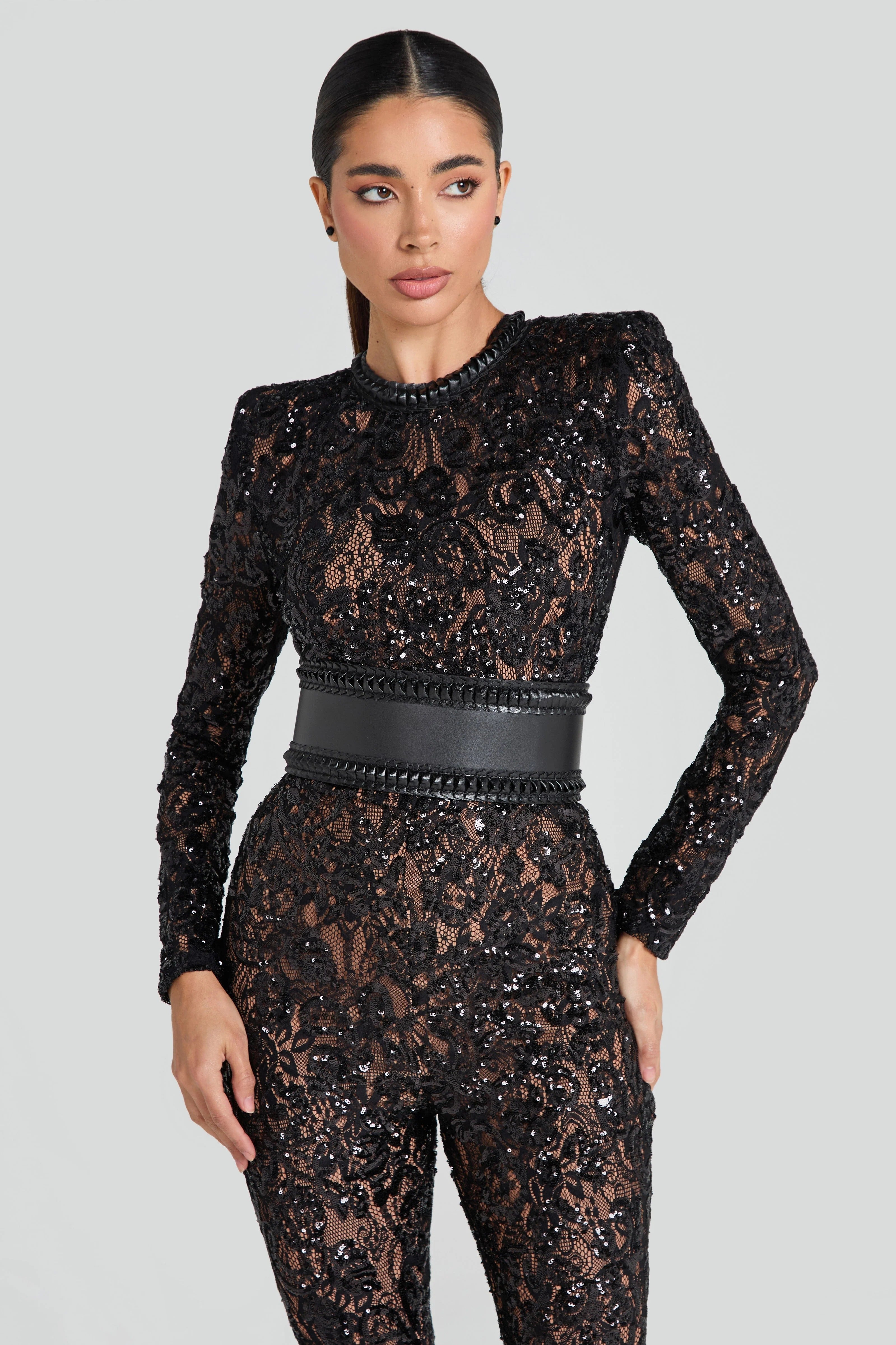 Women’s Sequin Lace Jumpsuit - Long Sleeve Evening Outfit