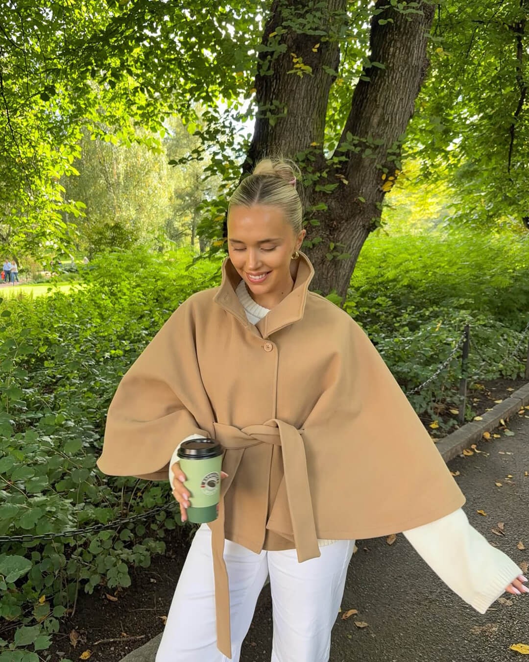 Women’s High-Neck Belted Cape Jacket - Button-Up Wrap Coat