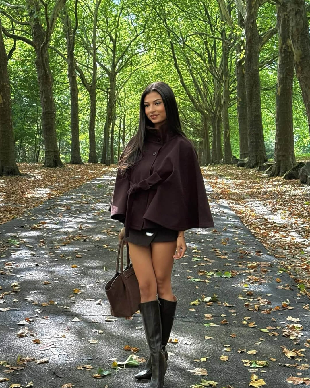 Women’s High-Neck Belted Cape Jacket - Button-Up Wrap Coat