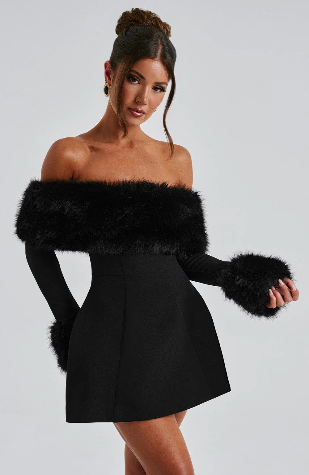 Women’s Mini Dress with Faux Fur Trim - Elegant Off-Shoulder