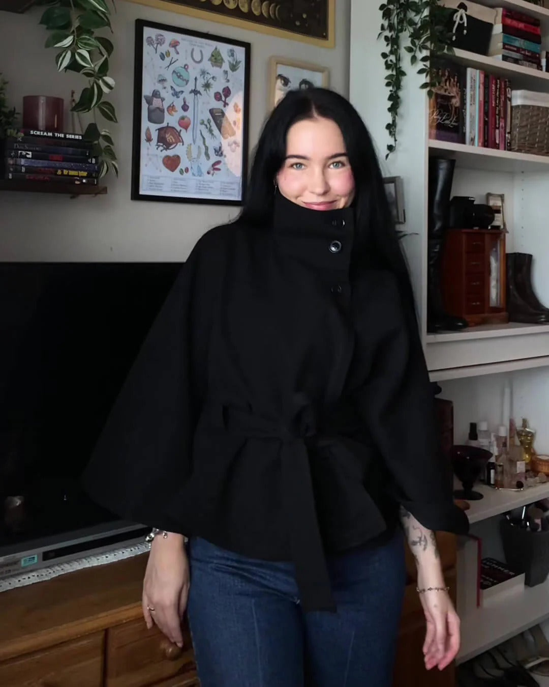 Women’s High-Neck Belted Cape Jacket - Button-Up Wrap Coat