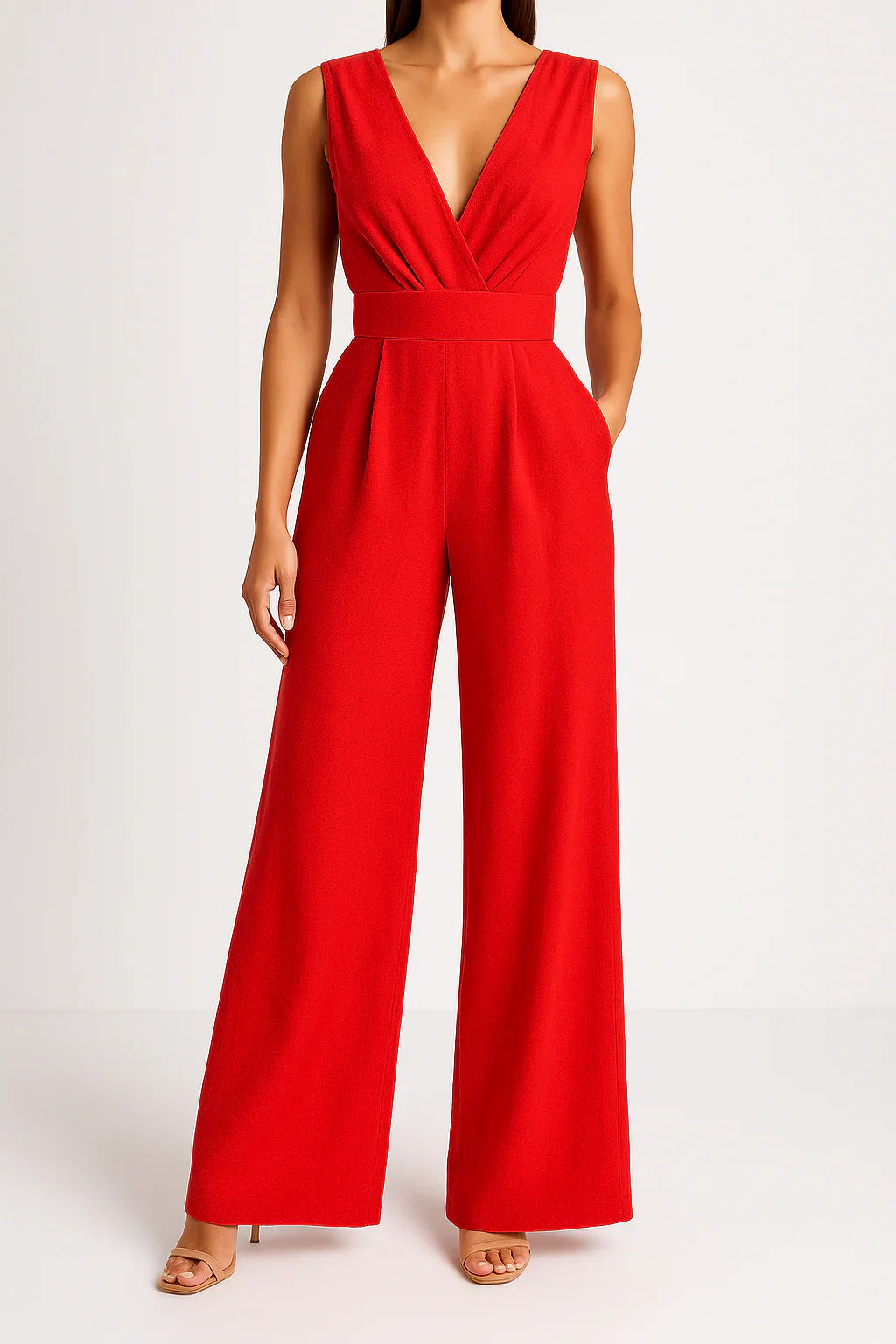 Mellie - Sleeveless V Neck Wide Leg Jumpsuit